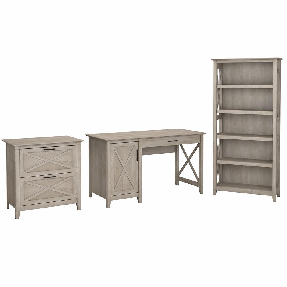 Bush Furniture Key West 54W Computer Desk with 2 Drawer Lateral File Cabinet and 5 Shelf Bookcase in Washed Gray. Picture 1