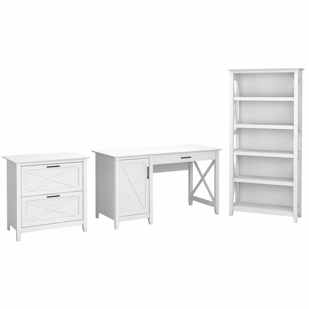 Bush Furniture Key West 54W Computer Desk with 2 Drawer Lateral File Cabinet and 5 Shelf Bookcase in Pure White Oak. Picture 1