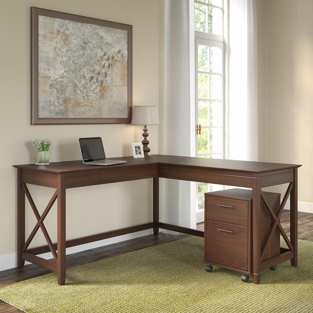 Bush Furniture Key West 60W L Shaped Desk with 2 Drawer Mobile File Cabinet in Bing Cherry. Picture 2