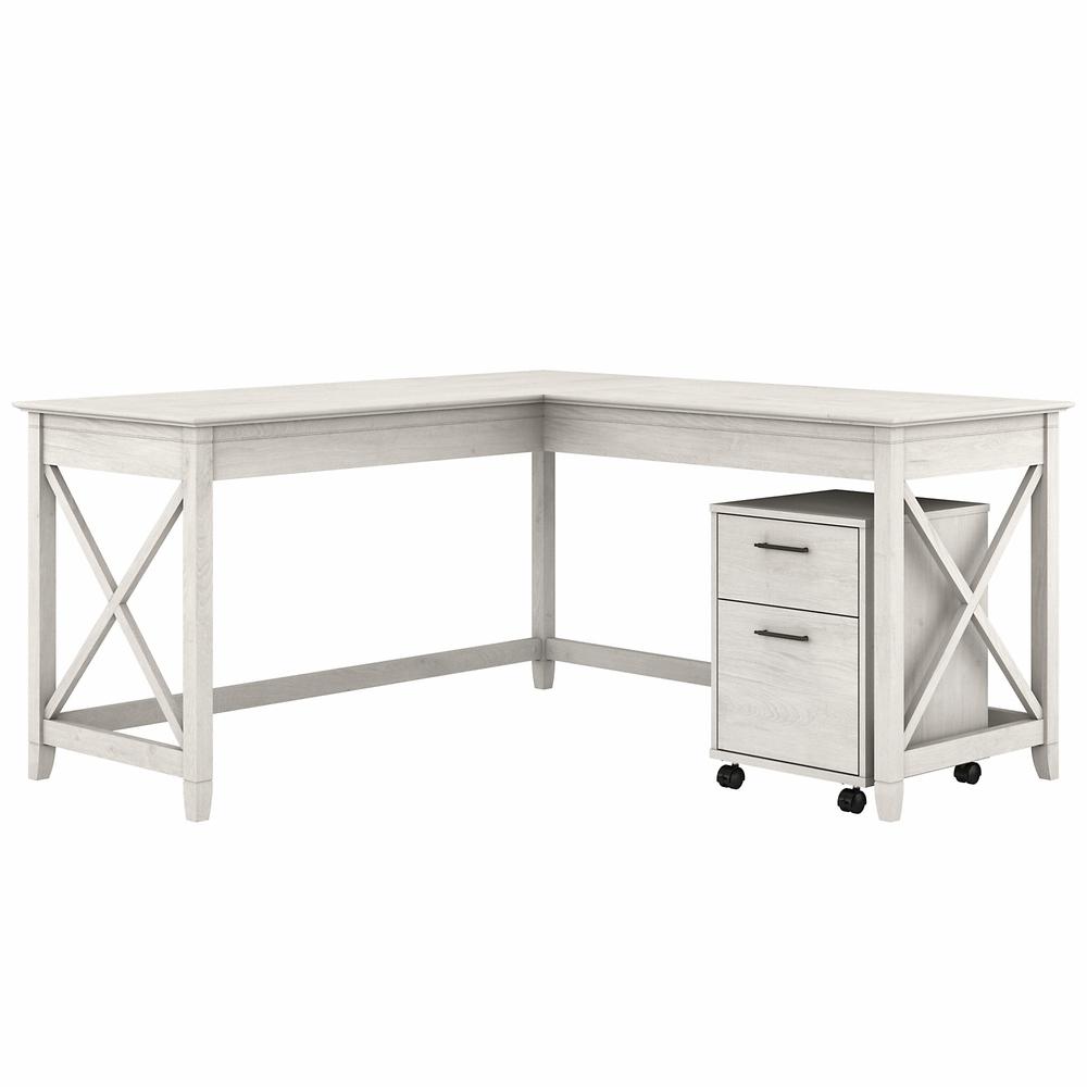 Bush Furniture Key West 60W L Shaped Desk with 2 Drawer Mobile File Cabinet in Linen White Oak. Picture 1