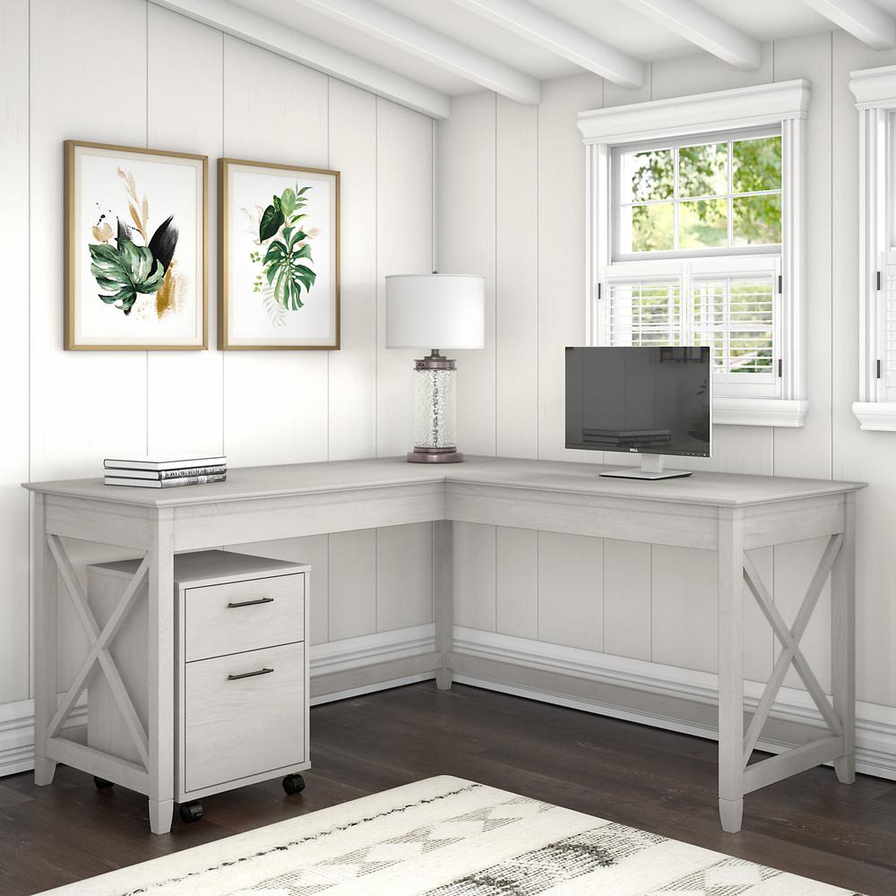 Bush Furniture Key West 60W L Shaped Desk with 2 Drawer Mobile File Cabinet in Linen White Oak. Picture 2