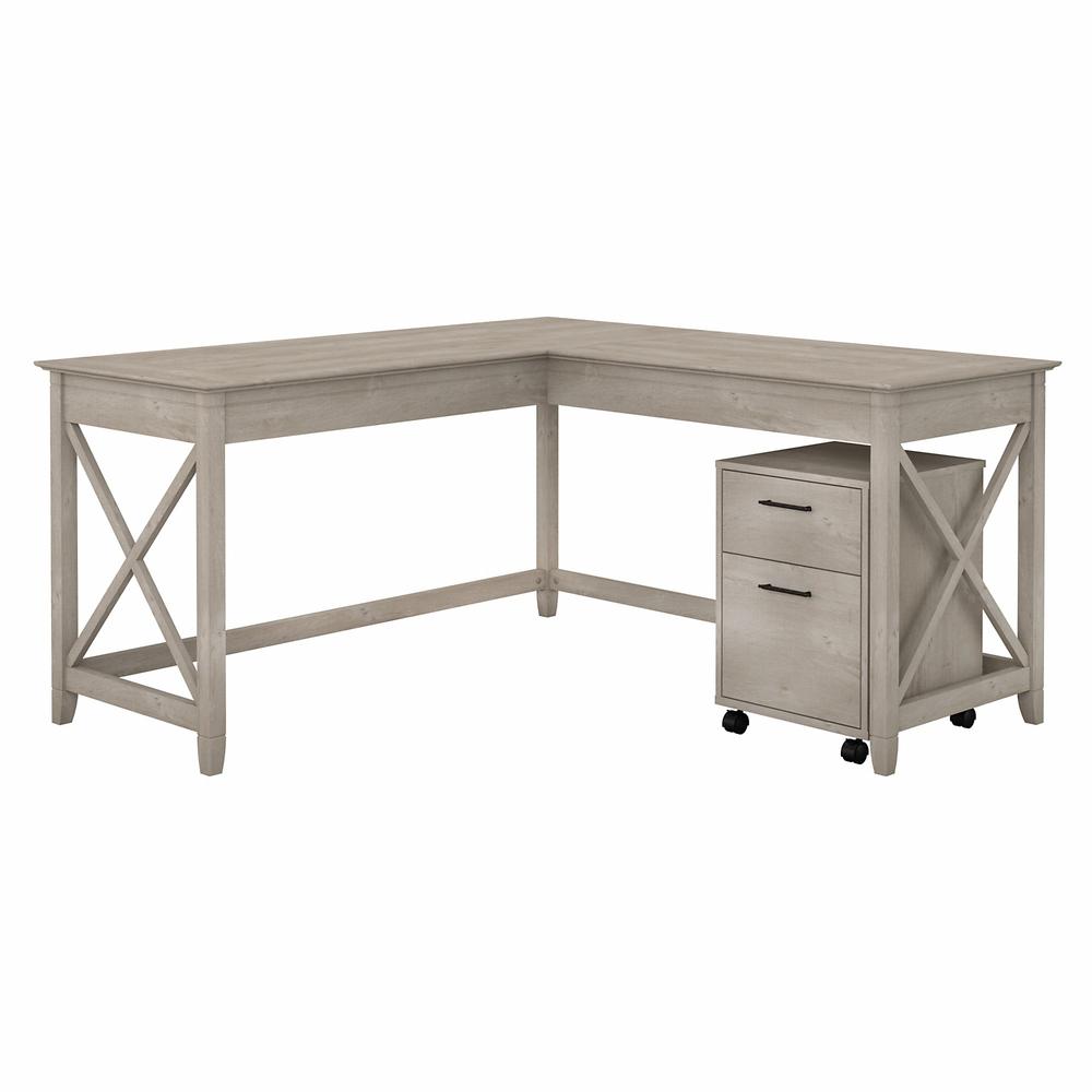 Bush Furniture Key West 60W L Shaped Desk with 2 Drawer Mobile File Cabinet in Washed Gray. Picture 1