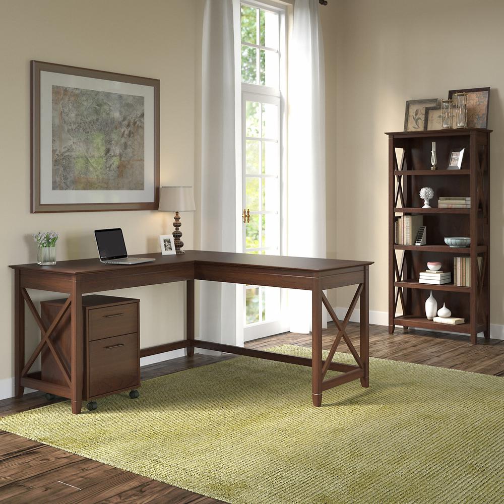 Bush Furniture - Key West 60W, L Shaped Desk with 2 Drawer Mobile File Cabinet and 5 Shelf Bookcase. Picture 2
