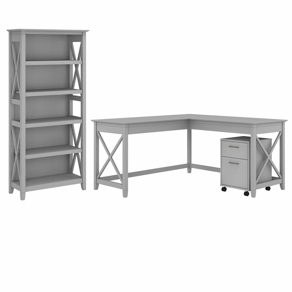 Bush Furniture Key West 60W L Shaped Desk with 2 Drawer Mobile File Cabinet and 5 Shelf Bookcase in Cape Cod Gray. Picture 1