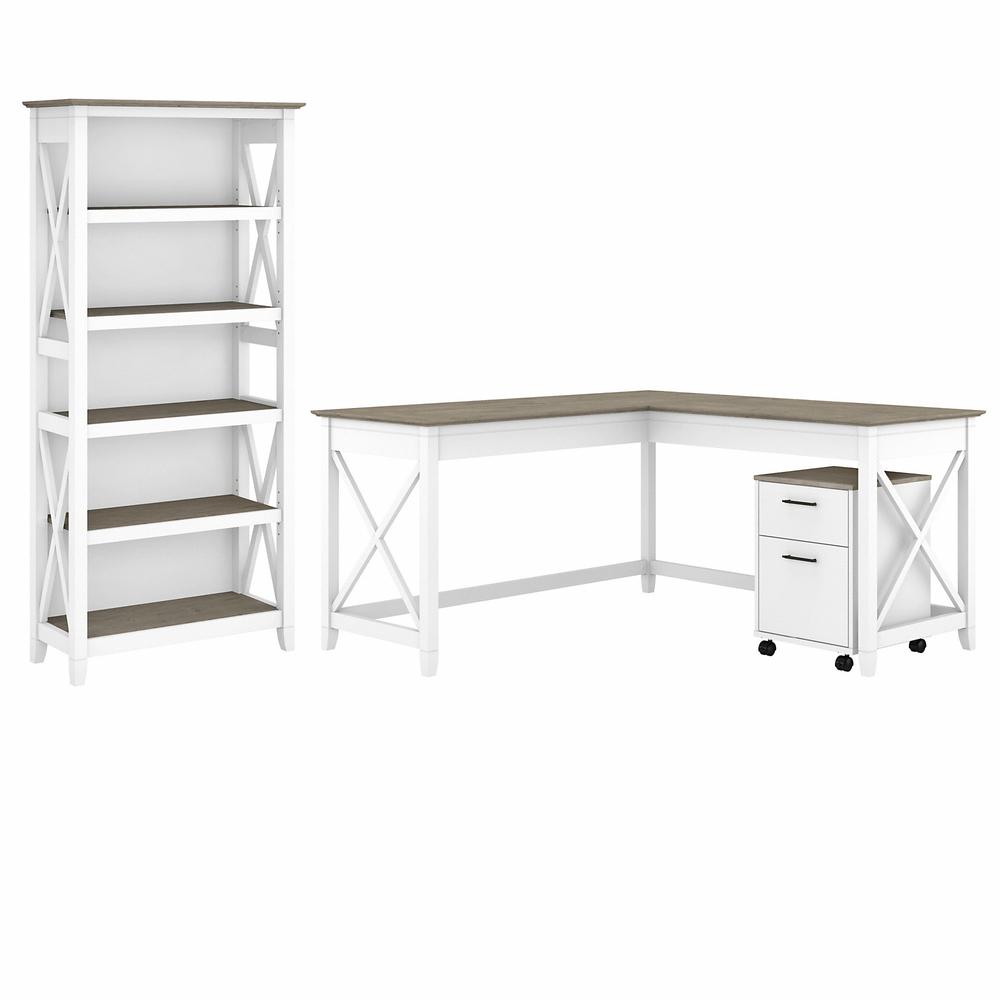 Bush Furniture Key West 60W L Shaped Desk with 2 Drawer Mobile File Cabinet and 5 Shelf Bookcase, Shiplap Gray/Pure White. Picture 1