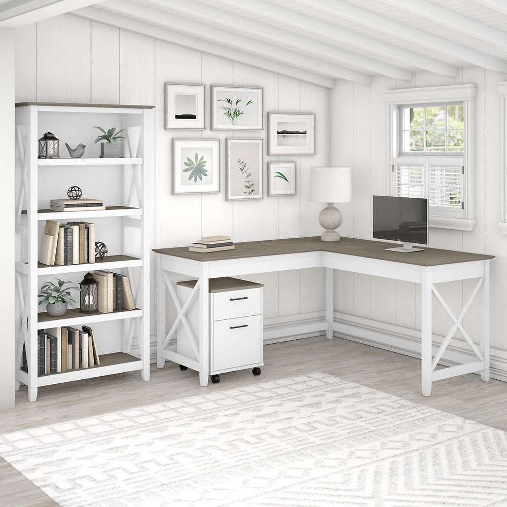 Bush Furniture Key West 60W L Shaped Desk with 2 Drawer Mobile File Cabinet and 5 Shelf Bookcase, Shiplap Gray/Pure White. Picture 2