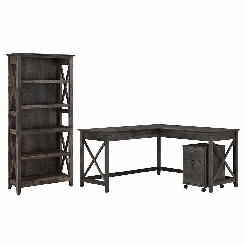 Bush Furniture Key West 60W L Shaped Desk with 2 Drawer Mobile File Cabinet and 5 Shelf Bookcase, Dark Gray Hickory. Picture 1