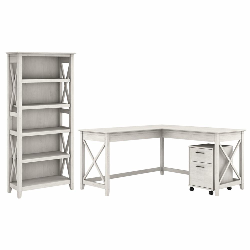 Bush Furniture Key West 60W L Shaped Desk with 2 Drawer Mobile File Cabinet and 5 Shelf Bookcase, Linen White Oak. Picture 1