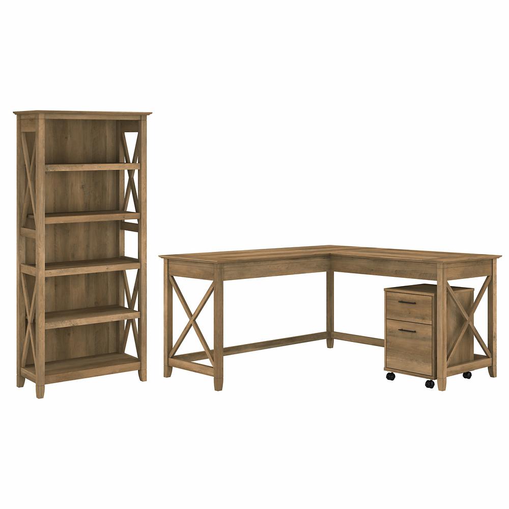 Bush Furniture Key West 60W L Shaped Desk with 2 Drawer Mobile File Cabinet and 5 Shelf Bookcase, Reclaimed Pine. Picture 1