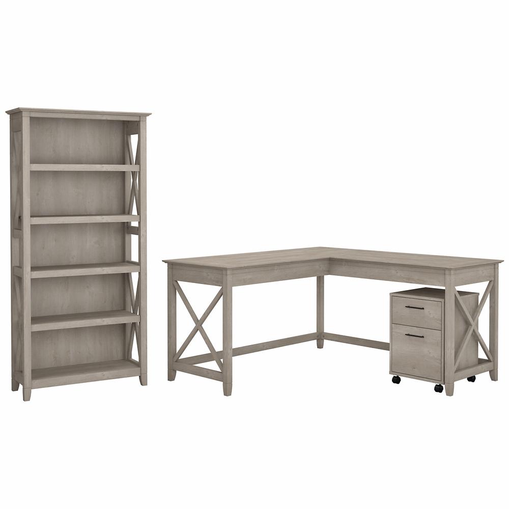 Bush Furniture Key West 60W L Shaped Desk with 2 Drawer Mobile File Cabinet and 5 Shelf Bookcase in Washed Gray. Picture 1
