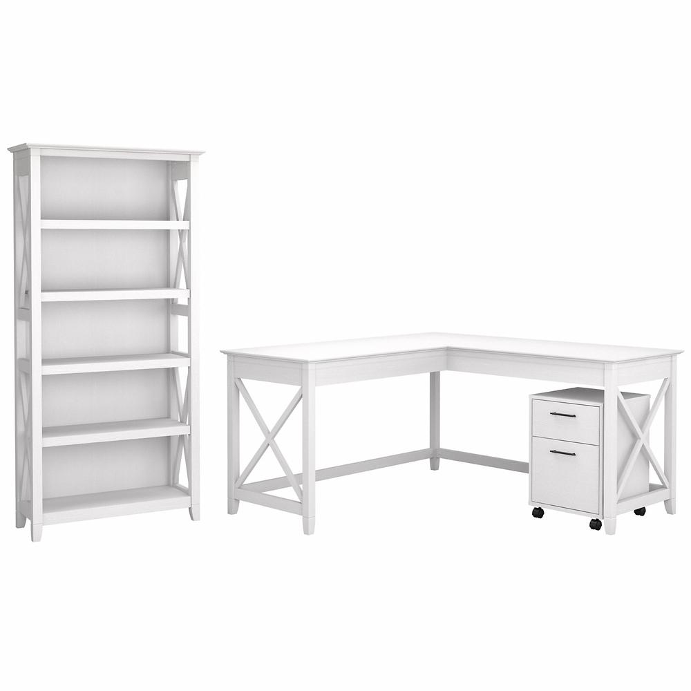 Bush Furniture Key West 60W L Shaped Desk with 2 Drawer Mobile File Cabinet and 5 Shelf Bookcase in Pure White Oak. Picture 1