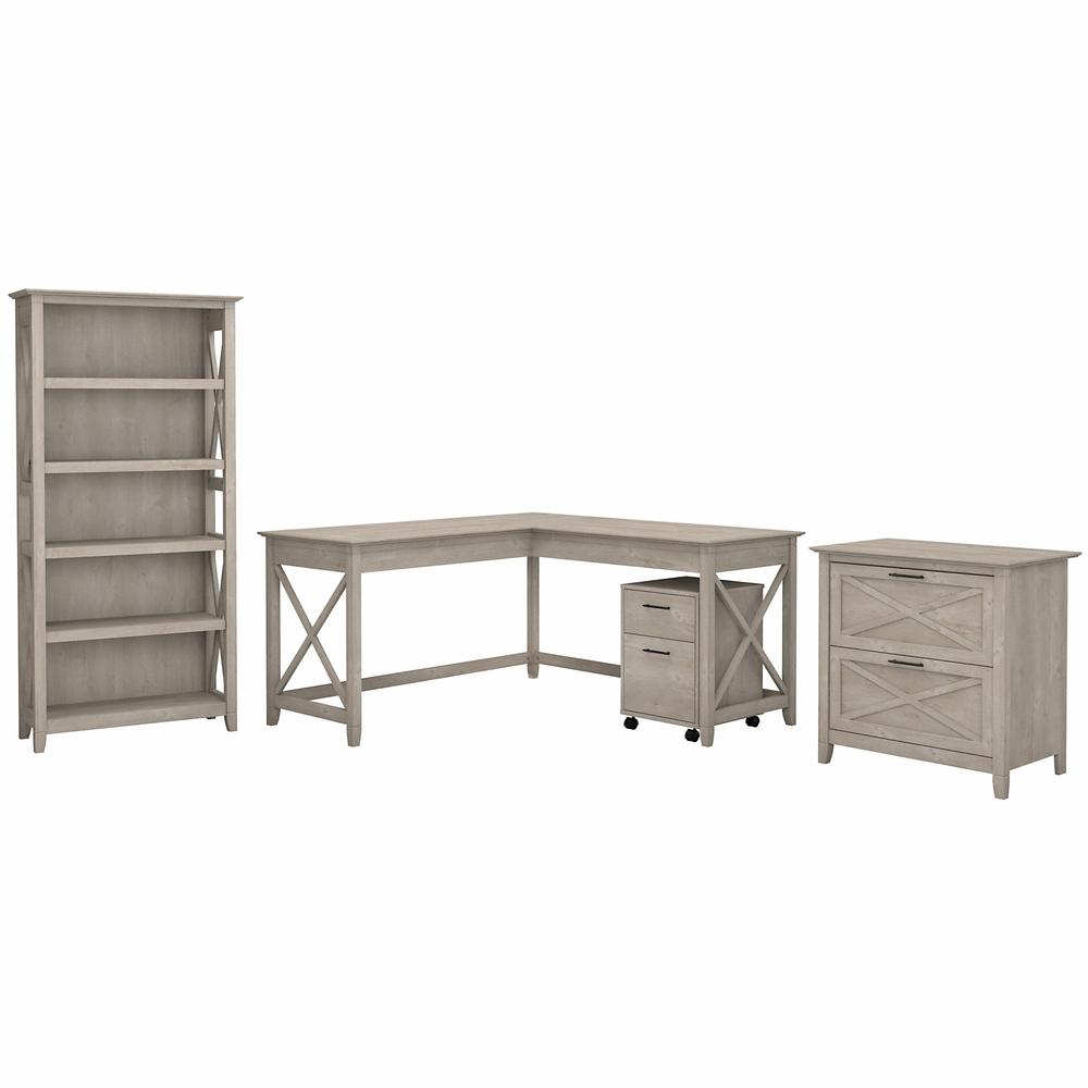 Bush Furniture Key West 60W L Shaped Desk with File Cabinets and 5 Shelf Bookcase in Washed Gray. Picture 1