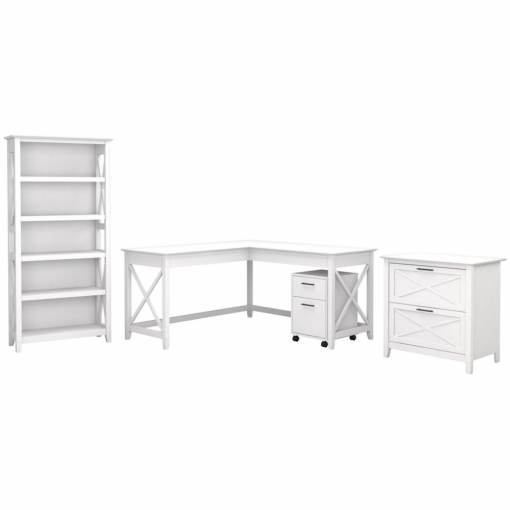 Bush Furniture Key West 60W L Shaped Desk with File Cabinets and 5 Shelf Bookcase in Pure White Oak. Picture 1