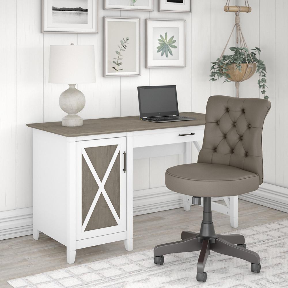 54W Computer Desk with Storage and Mid Back Tufted Office Chair Shiplap Gray/Pure White. Picture 2