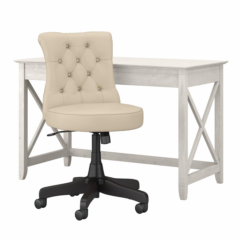 48W Writing Desk with Mid Back Tufted Office Chair Linen White Oak. Picture 1