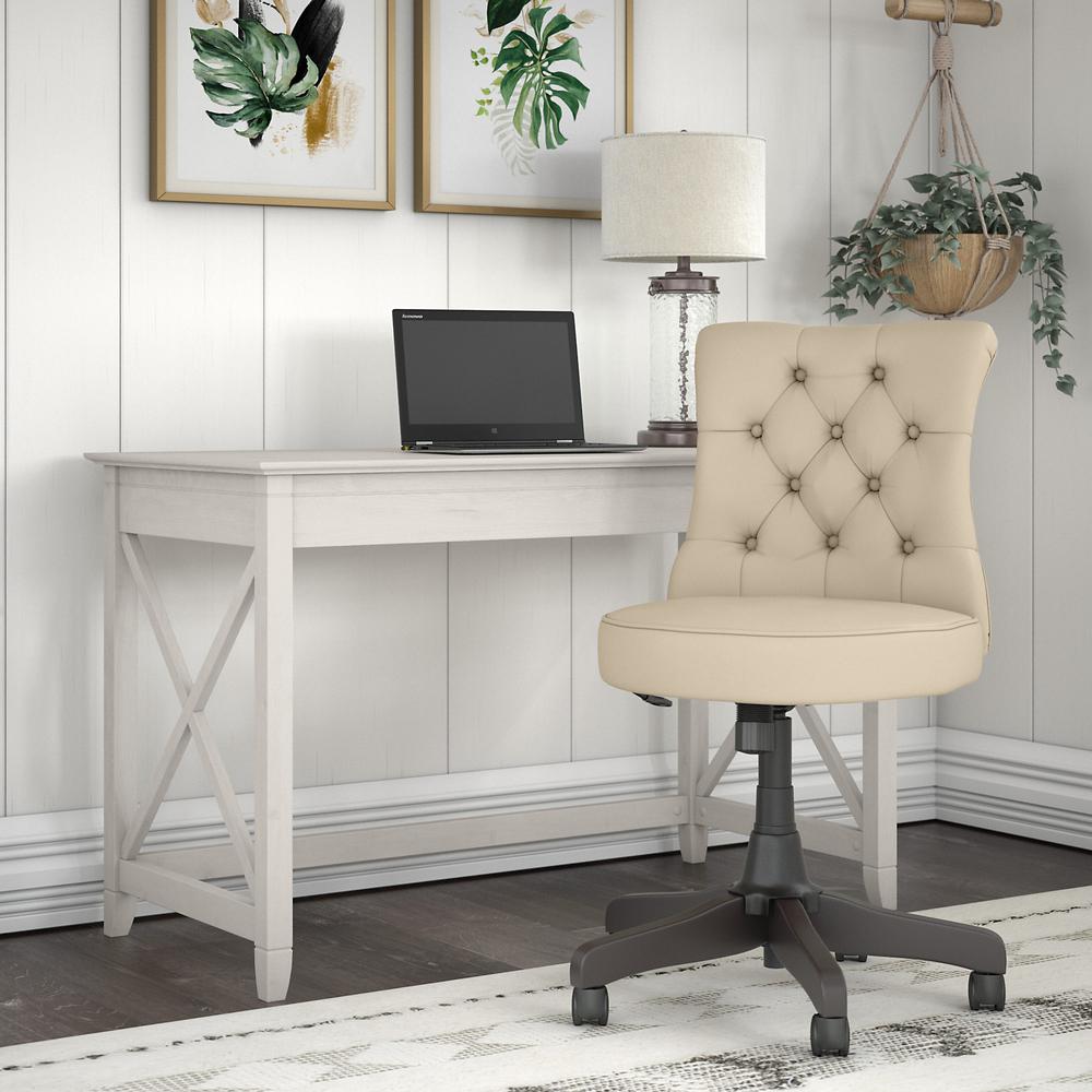 48W Writing Desk with Mid Back Tufted Office Chair Linen White Oak. Picture 2