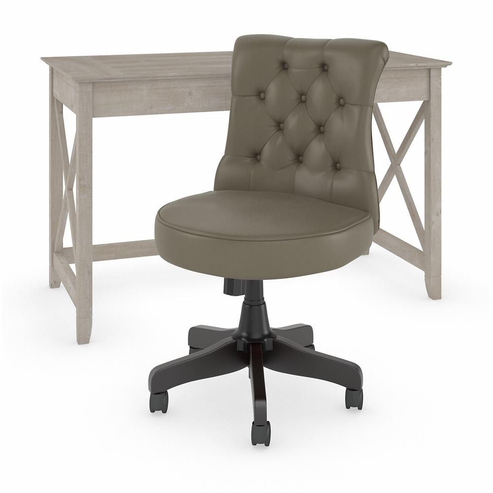 48W Writing Desk with Mid Back Tufted Office Chair Washed Gray. Picture 1