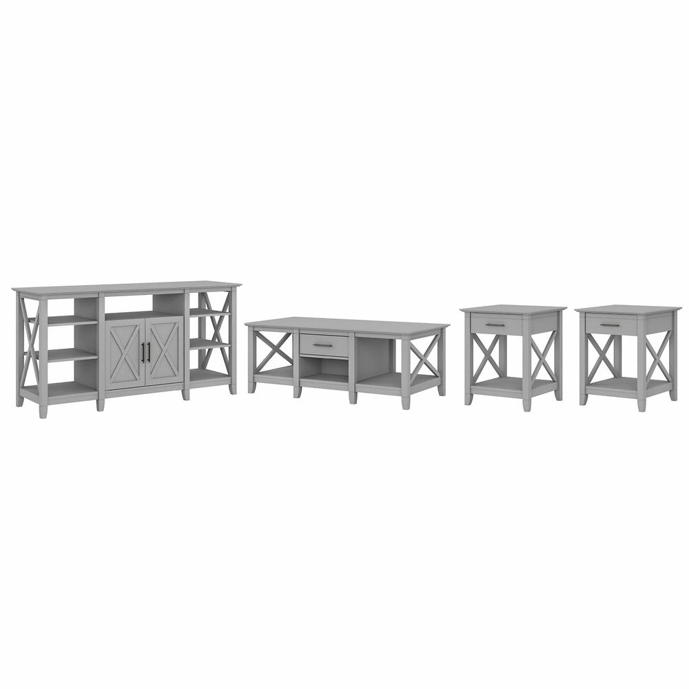 Bush Furniture Key West Tall TV Stand with Coffee Table and Set of 2 End Tables, Cape Cod Gray. Picture 1