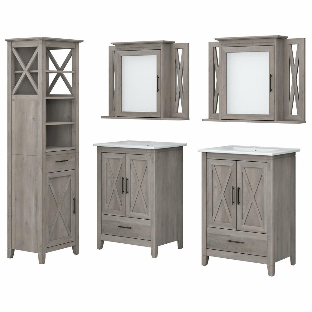 48W Double Vanity Set with Sinks, Medicine Cabinets and Linen Tower Driftwood Gray. Picture 1