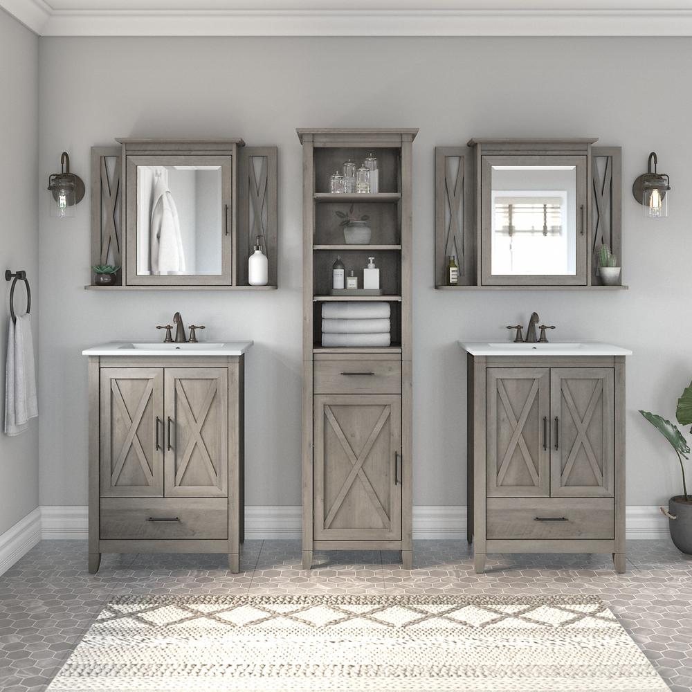 48W Double Vanity Set with Sinks, Medicine Cabinets and Linen Tower Driftwood Gray. Picture 2