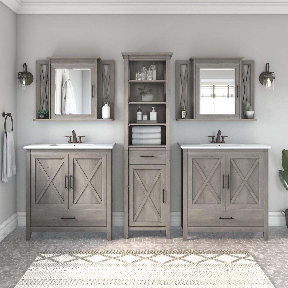 64W Double Vanity Set with Sinks, Medicine Cabinets and Linen Tower Driftwood Gray. Picture 2