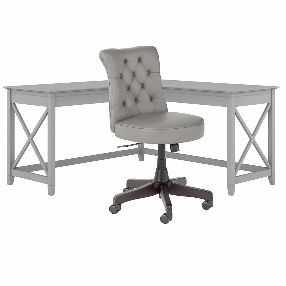 60W L Shaped Desk with Mid Back Tufted Office Chair Cape Cod Gray. Picture 1