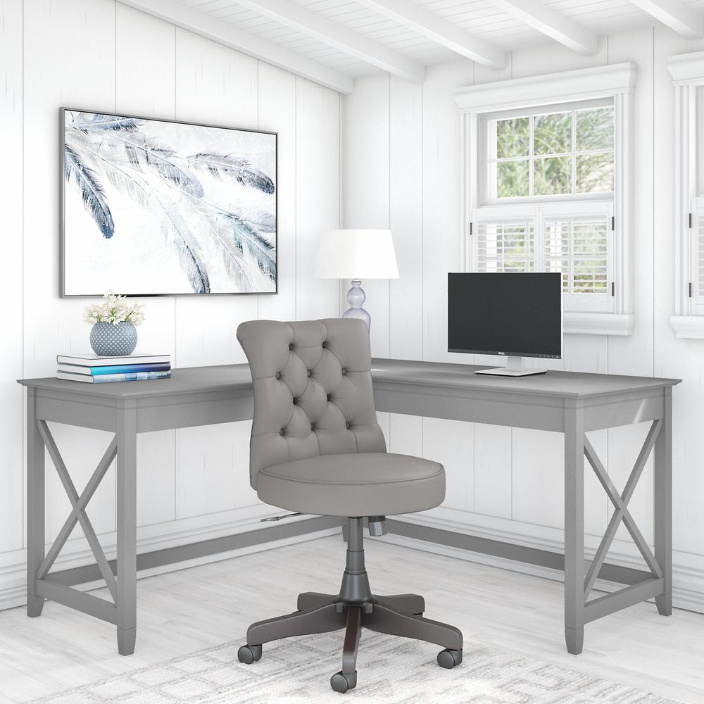 60W L Shaped Desk with Mid Back Tufted Office Chair Cape Cod Gray. Picture 2
