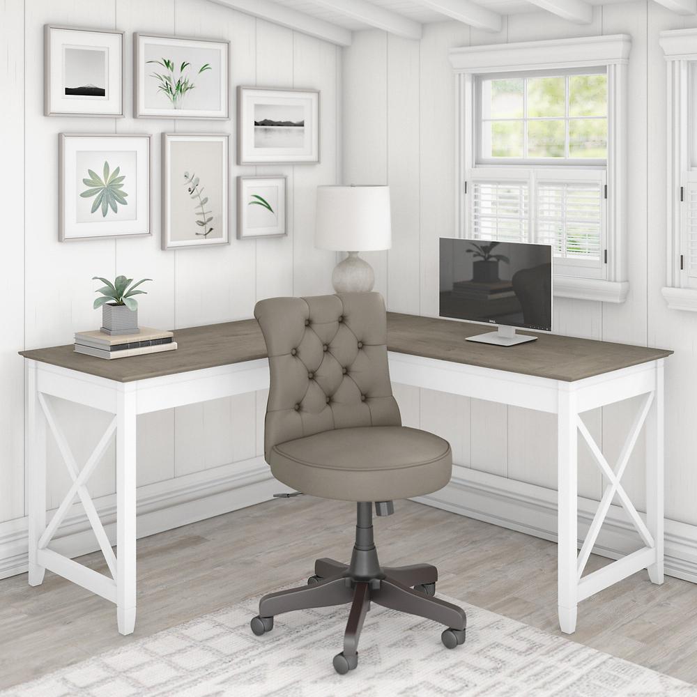 60W L Shaped Desk with Mid Back Tufted Office Chair Shiplap Gray/Pure White. Picture 2