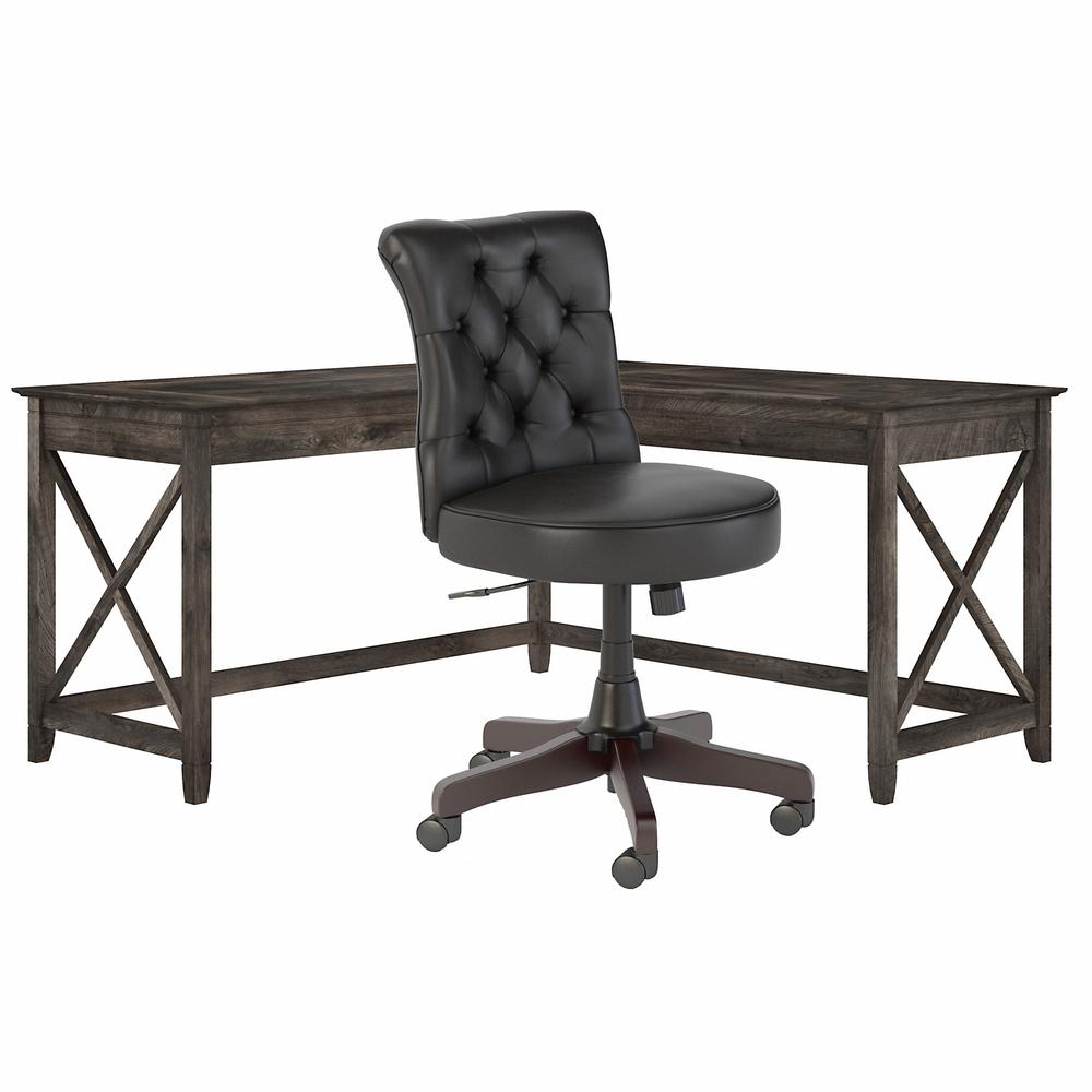 60W L Shaped Desk with Mid Back Tufted Office Chair Dark Gray Hickory. Picture 1