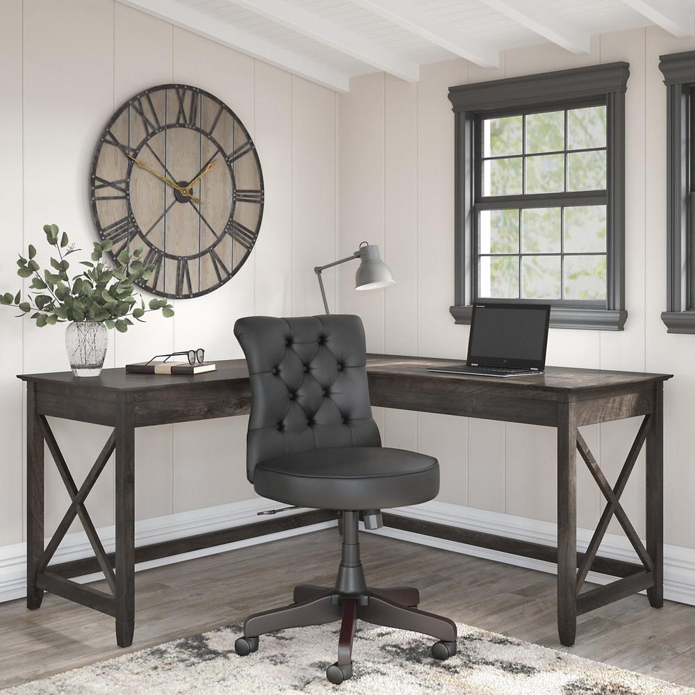 60W L Shaped Desk with Mid Back Tufted Office Chair Dark Gray Hickory. Picture 2