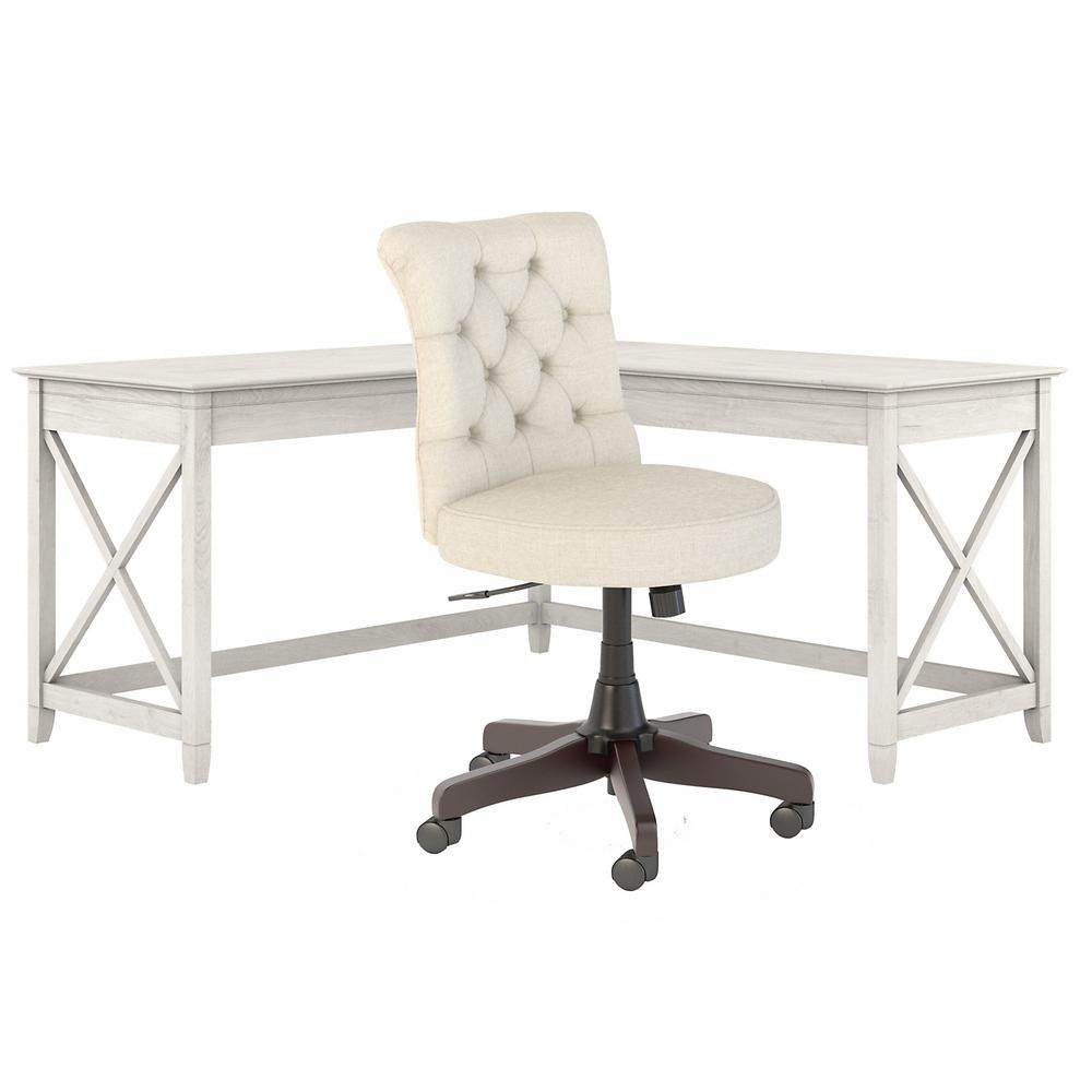 60W L Shaped Desk with Mid Back Tufted Office Chair Linen White Oak. Picture 1