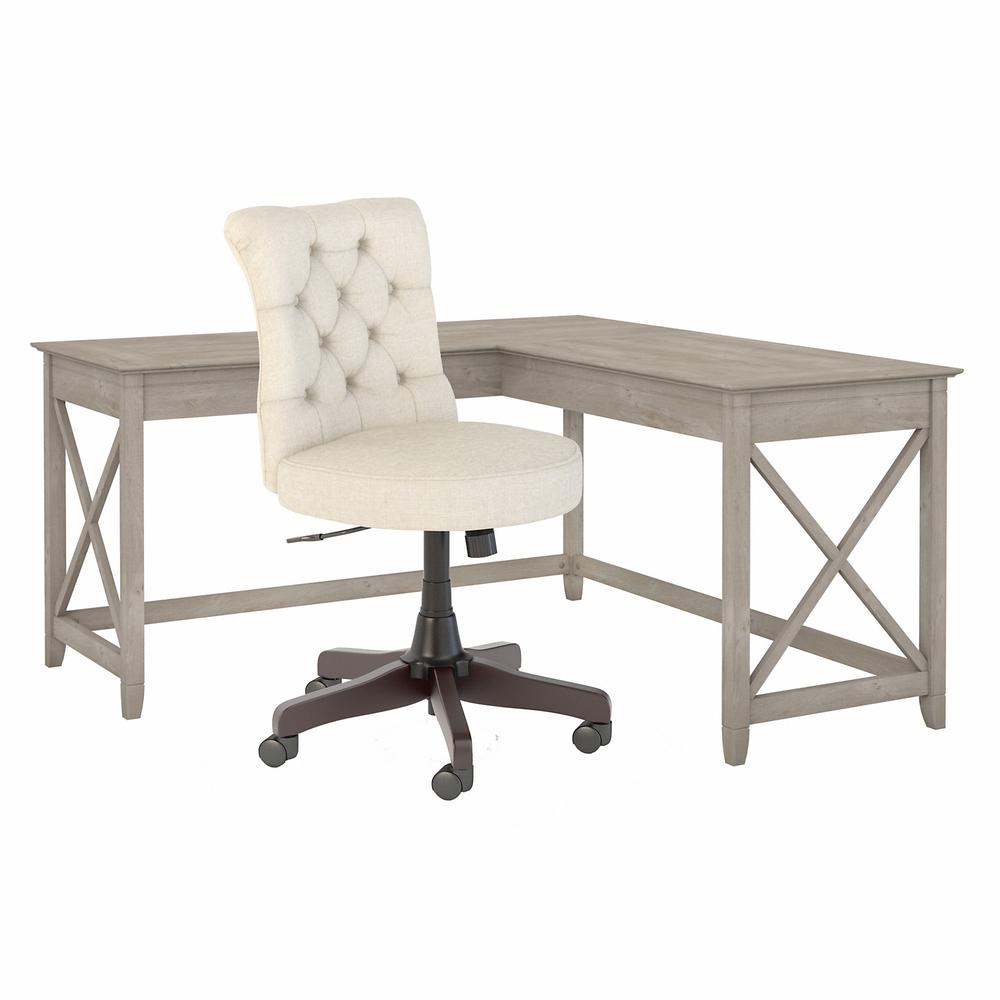 60W L Shaped Desk with Mid Back Tufted Office Chair Washed Gray. Picture 1