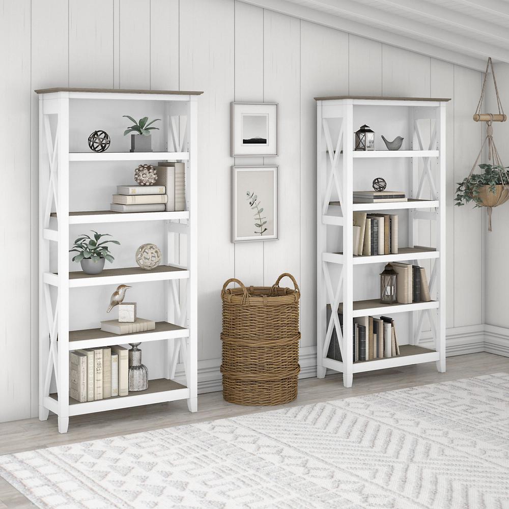 Key West 5 Shelf Bookcase Set in Pure White and Shiplap Gray. Picture 2