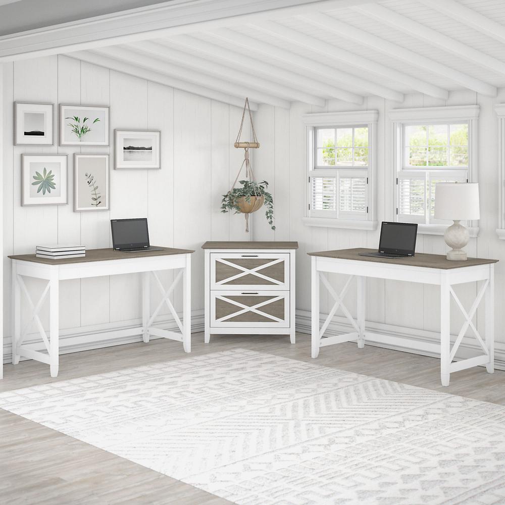 Bush Furniture Key West 2 Person Desk Set with Lateral File Cabinet in Pure White and Shiplap Gray. Picture 2