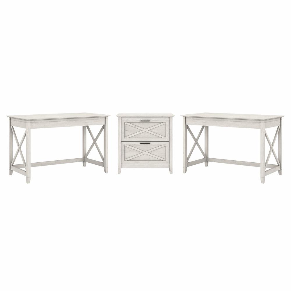 Bush Furniture Key West 2 Person Desk Set with Lateral File Cabinet in Linen White Oak. Picture 1