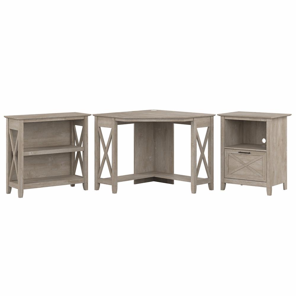 Bush Furniture Key West Small Corner Desk with Bookcase and Lateral File Cabinet, Washed Gray. Picture 1