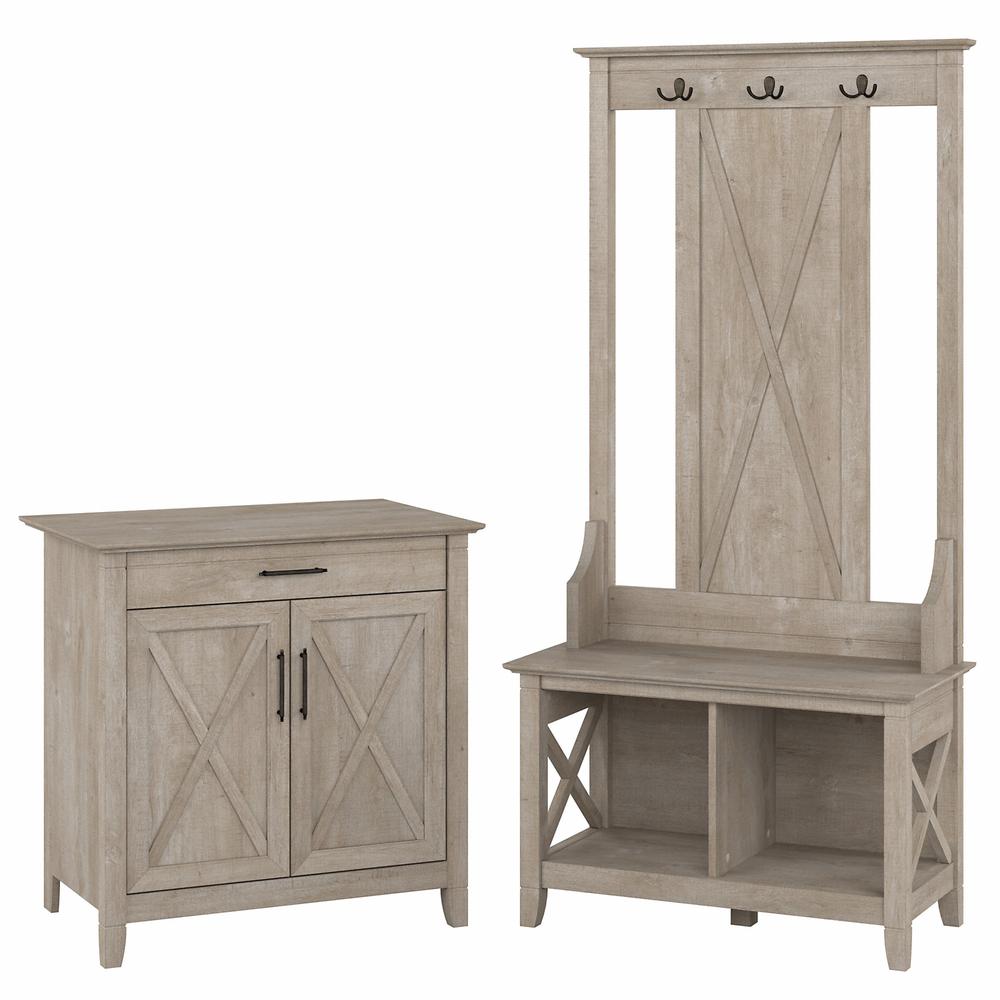 Bush Furniture Key West Entryway Storage Set with Hall Tree, Shoe Bench and Armoire Cabinet, Washed Gray. Picture 1