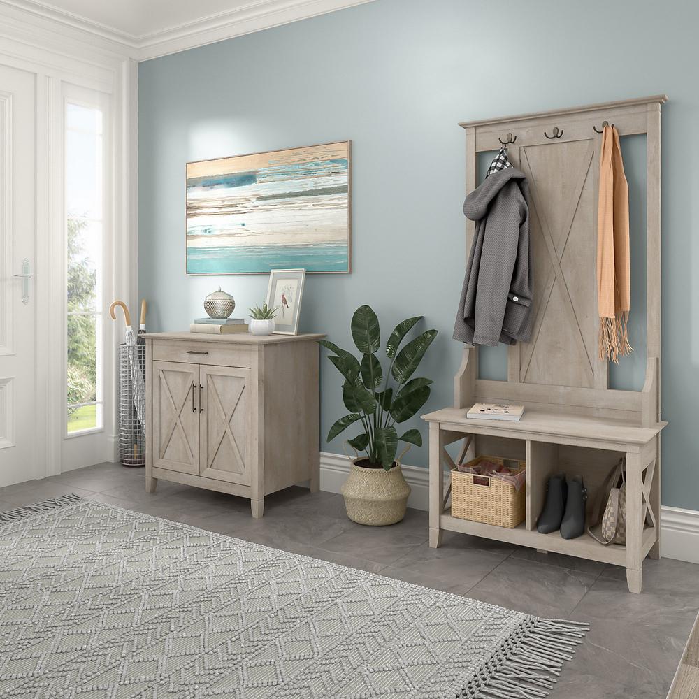 Bush Furniture Key West Entryway Storage Set with Hall Tree, Shoe Bench and Armoire Cabinet, Washed Gray. Picture 2