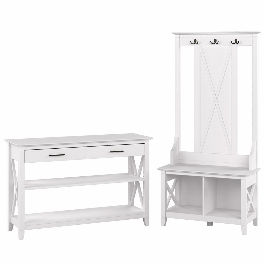 Bush Furniture Woodland Entryway Storage Set with Hall Trees and Shoe Bench with Drawers Cape Cod, Gray