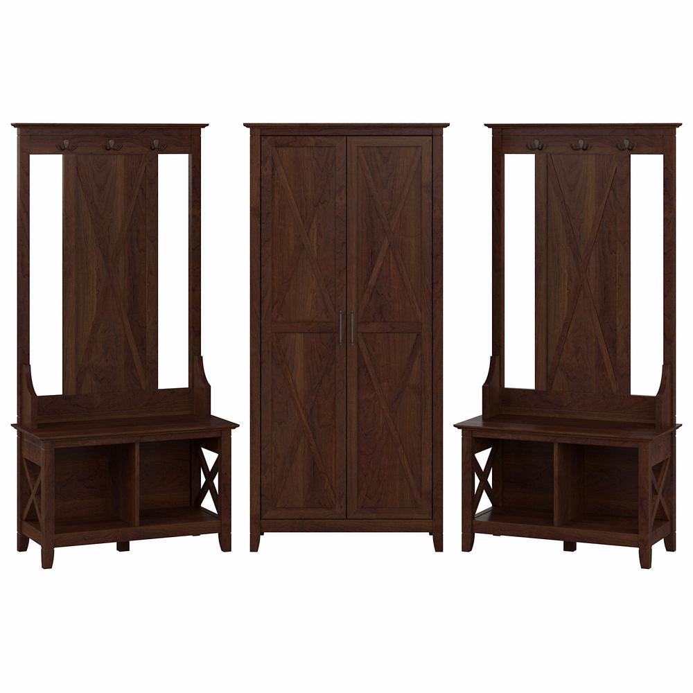 Bush Furniture Key West Entryway Storage Set with Hall Tree, Shoe Bench and Tall Cabinet in Bing Cherry. Picture 1