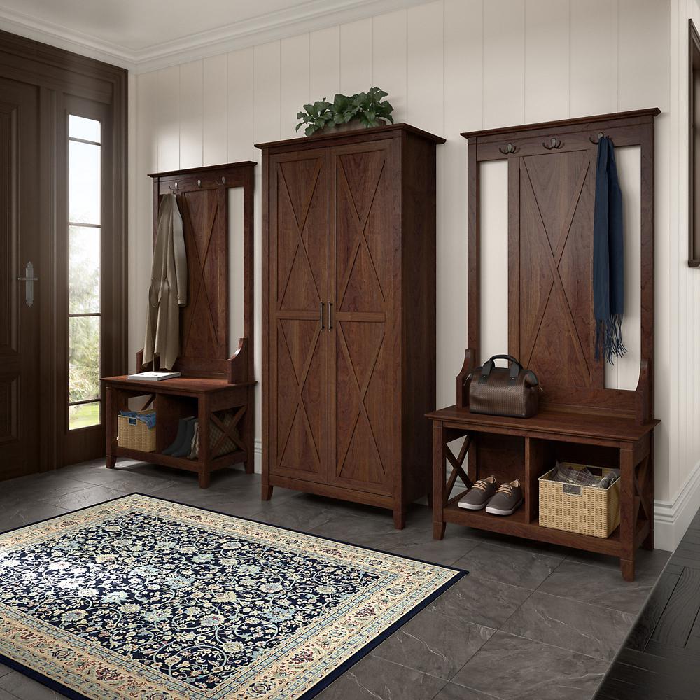 Bush Furniture Key West Entryway Storage Set with Hall Tree, Shoe Bench and Tall Cabinet in Bing Cherry. Picture 2