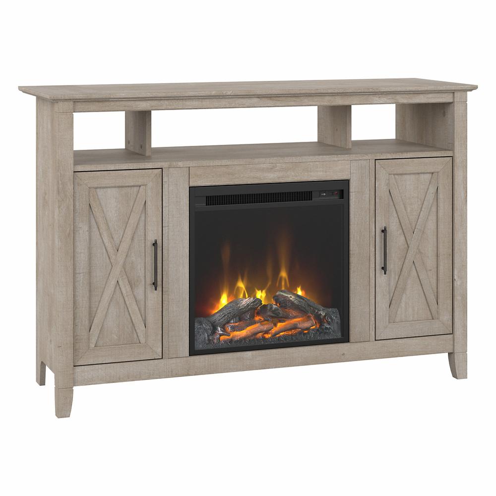 Bush Furniture Key West Tall Electric Fireplace TV Stand for 55 Inch TV in Washed Gray. Picture 1