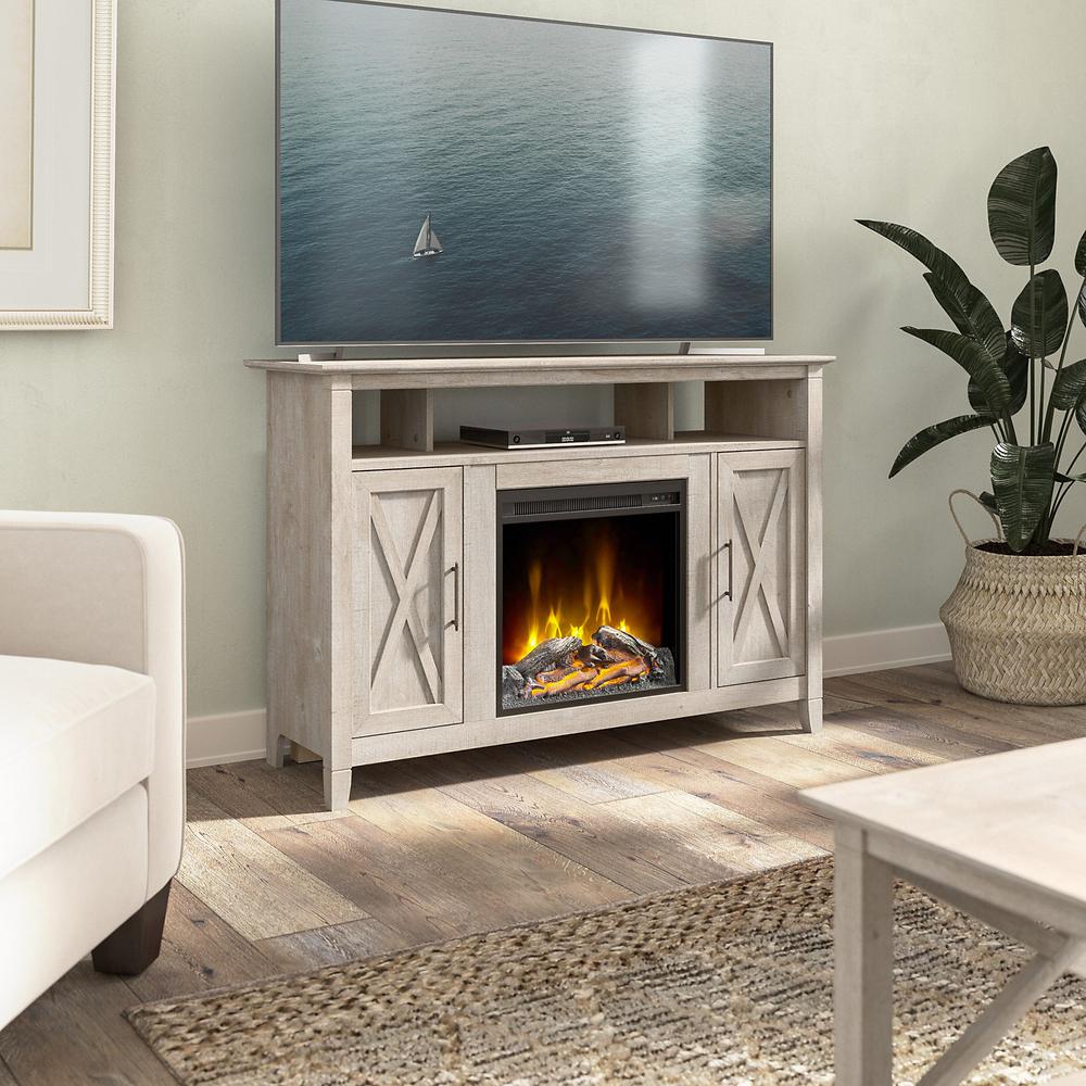 Bush Furniture Key West Tall Electric Fireplace TV Stand for 55 Inch TV in Washed Gray. Picture 2
