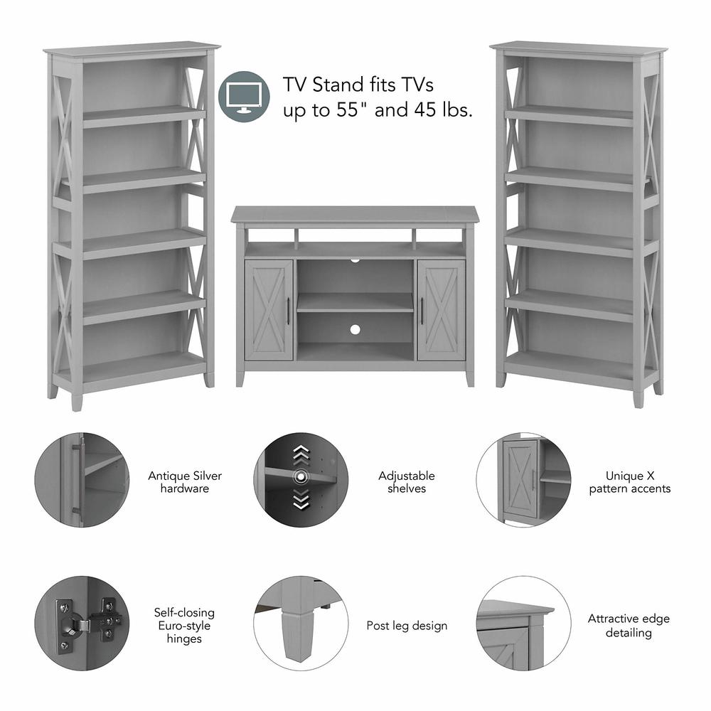 Bush Furniture Key West Tall TV Stand for 55 Inch TV with 5 Shelf Bookcases, Cape Cod Gray. Picture 3