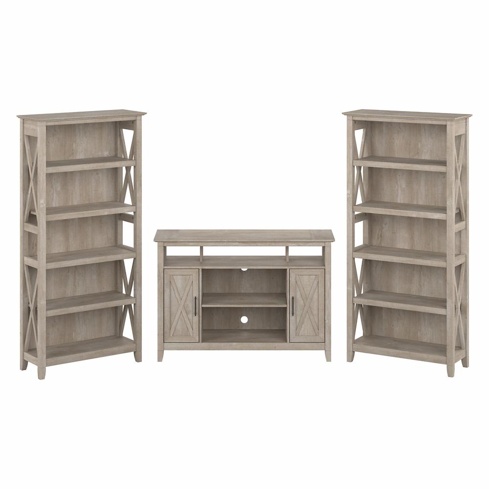 Bush Furniture Key West Tall TV Stand for 55 Inch TV with 5 Shelf Bookcases, Washed Gray. Picture 1