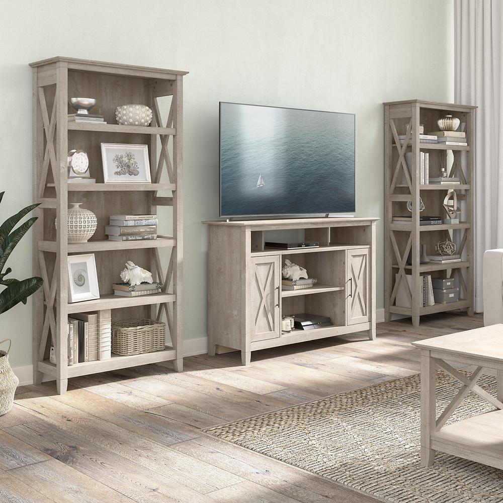 Bush Furniture Key West Tall TV Stand for 55 Inch TV with 5 Shelf Bookcases, Washed Gray. Picture 2