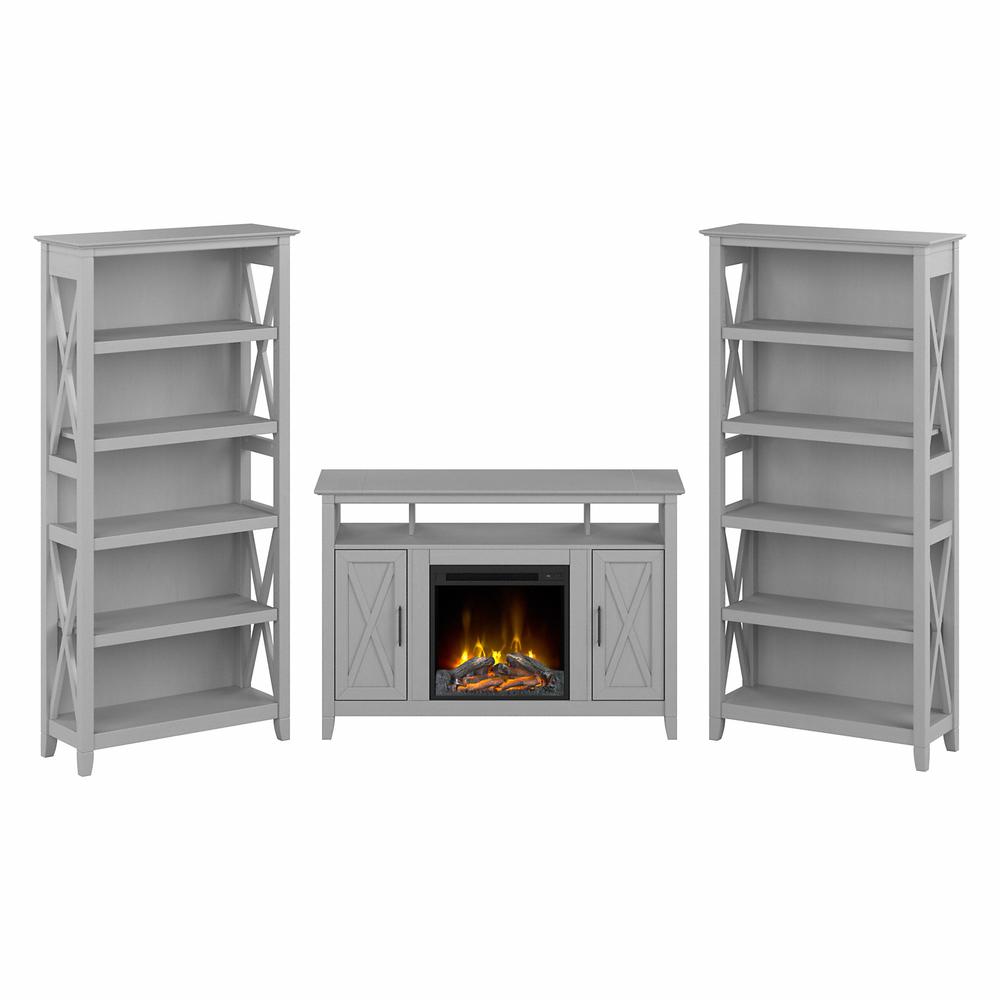 Bush Furniture Key West Tall Electric Fireplace TV Stand for 55 Inch TV with 5 Shelf Bookcases. Picture 1