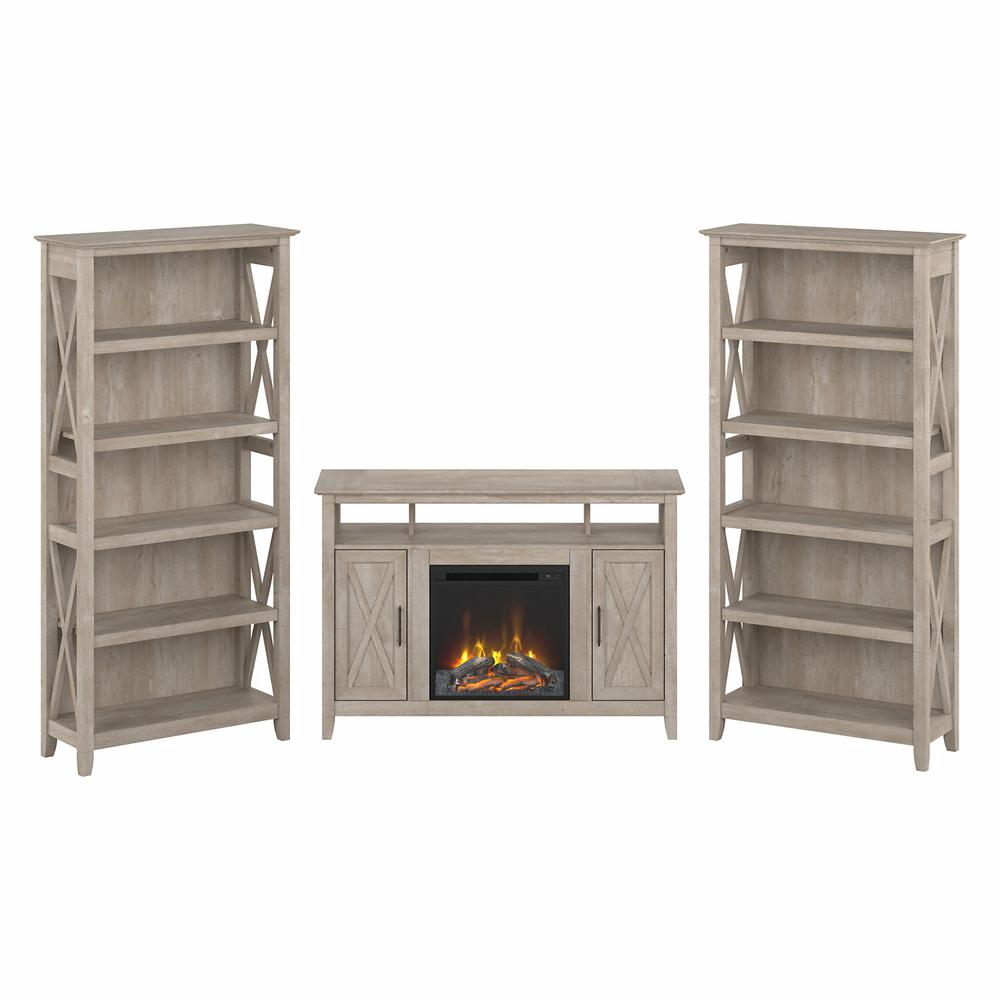 Bush Furniture Key West Tall Electric Fireplace TV Stand for 55 Inch TV with 5 Shelf Bookcases, Washed Gray. Picture 1