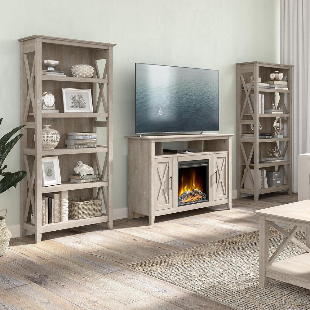Bush Furniture Key West Tall Electric Fireplace TV Stand for 55 Inch TV with 5 Shelf Bookcases, Washed Gray. Picture 2
