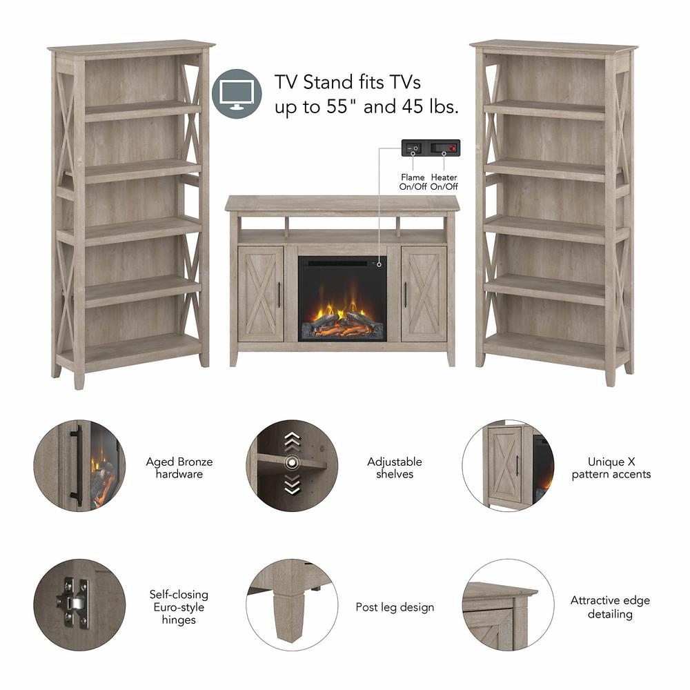 Bush Furniture Key West Tall Electric Fireplace TV Stand for 55 Inch TV with 5 Shelf Bookcases, Washed Gray. Picture 3